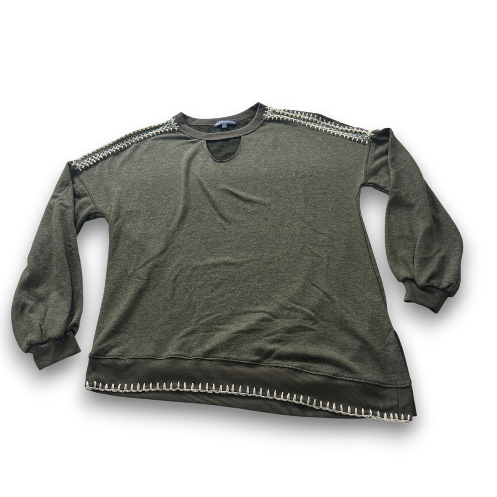 Democracy Womens Olive Green Cutout Whipstitch Embroidered Sweatshirt Size M